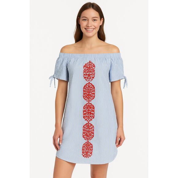 MACBETH COLLECTION Embroidered Seersucker Dress Size Small Spring Summer - Picture 1 of 8